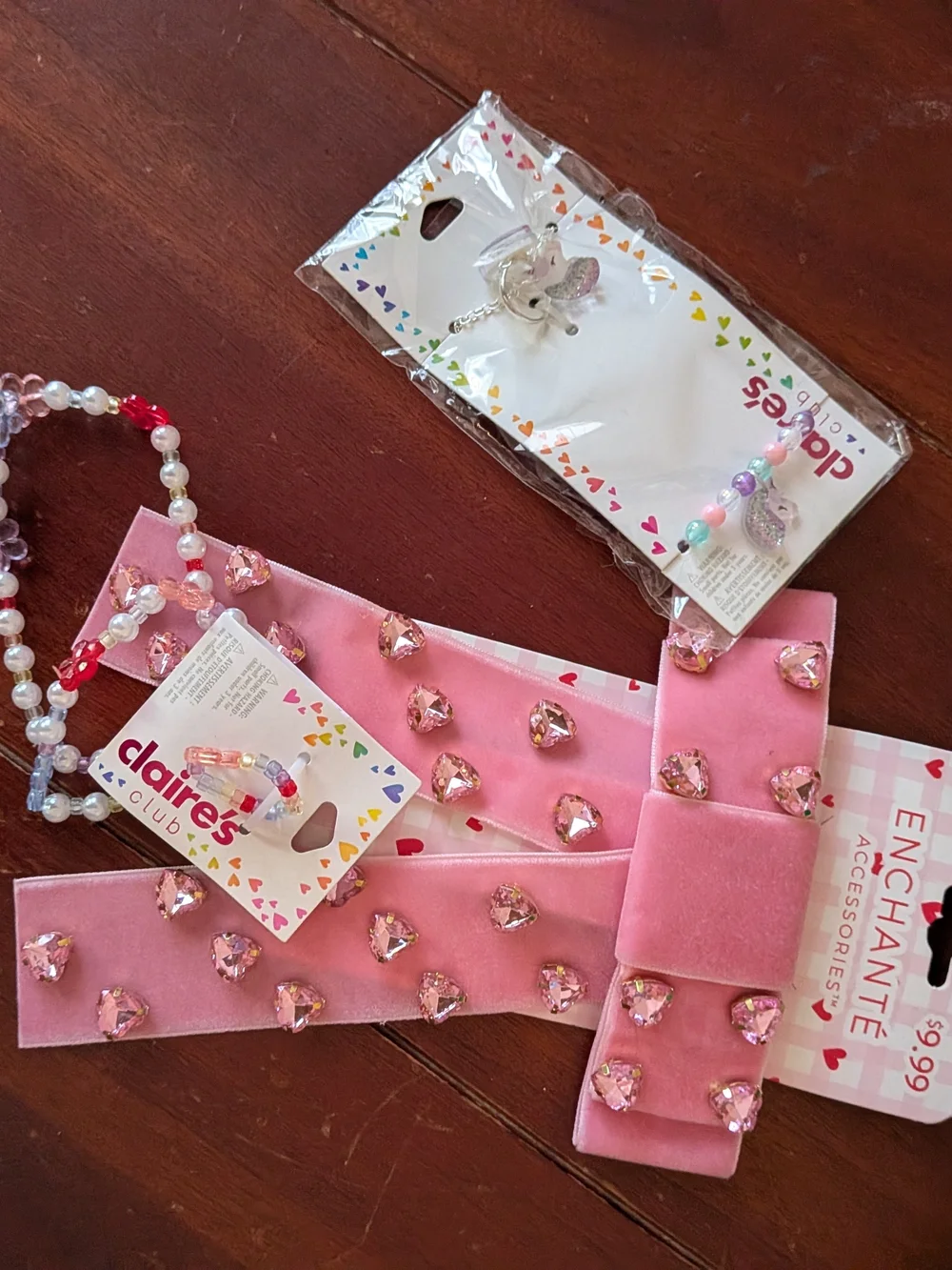 Claire's Pink Heart Gem Velvet Ribbon Hair Bow